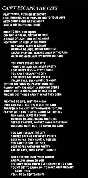 Image of Lyrics to Can't Escape the City by Restless Child - Dueling Worlds© International