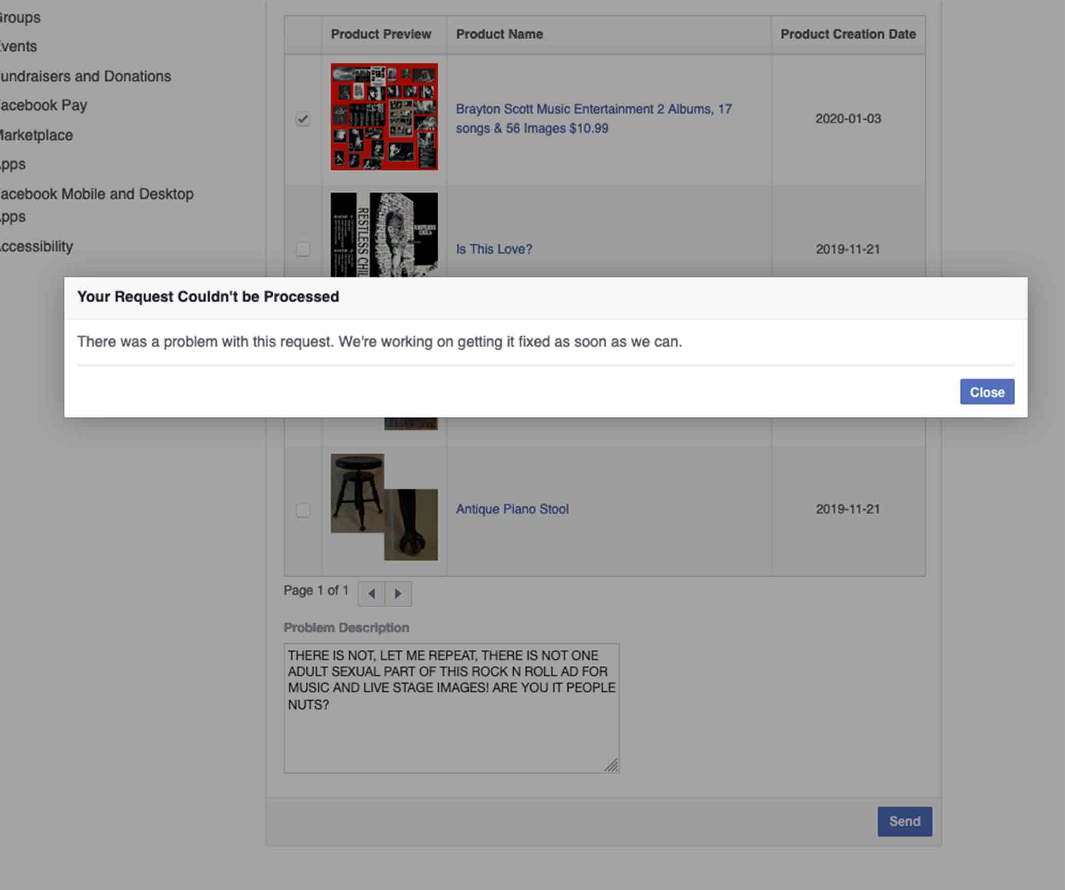 Image of Facebook Rebuttal Statement failure on BSME Album Images