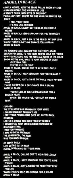 Image of Lyrics to Angel in Black by Restless Child - Dueling Worlds© International