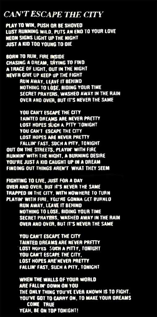 Image of Lyrics to Can't Escape the City by Restless Child - Dueling Worlds© International 