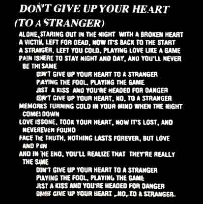Image of Lyrics to Don’t Give Up Your Heart by Restless Child - Dueling Worlds© International