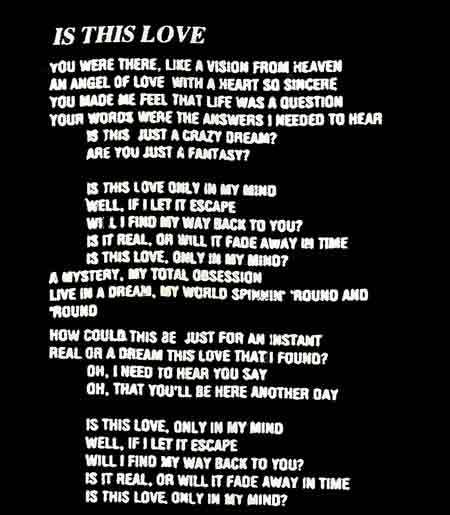 Image of Lyrics to Is This Love? by Restless Child - Dueling Worlds© International