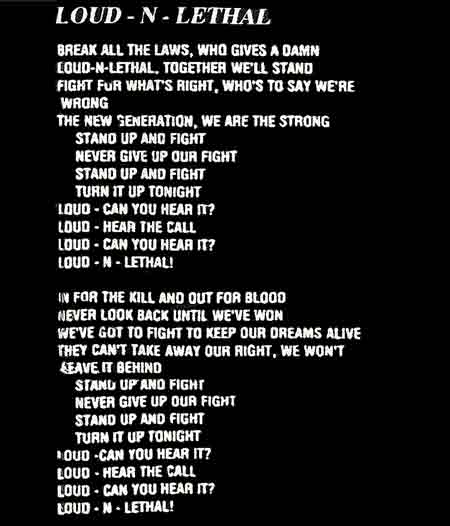 Image of Lyrics to Loud N Lethal by Restless Child - Dueling Worlds© International