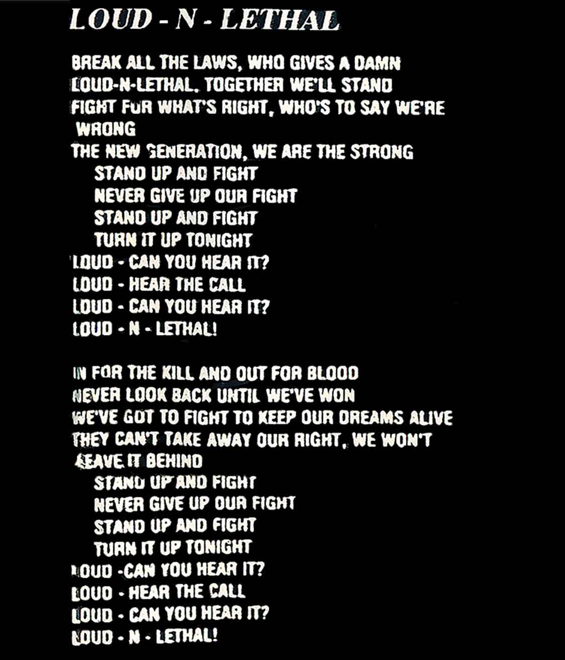 Image of Lyrics to Loud N Lethal by Restless Child - Dueling Worlds© International 
